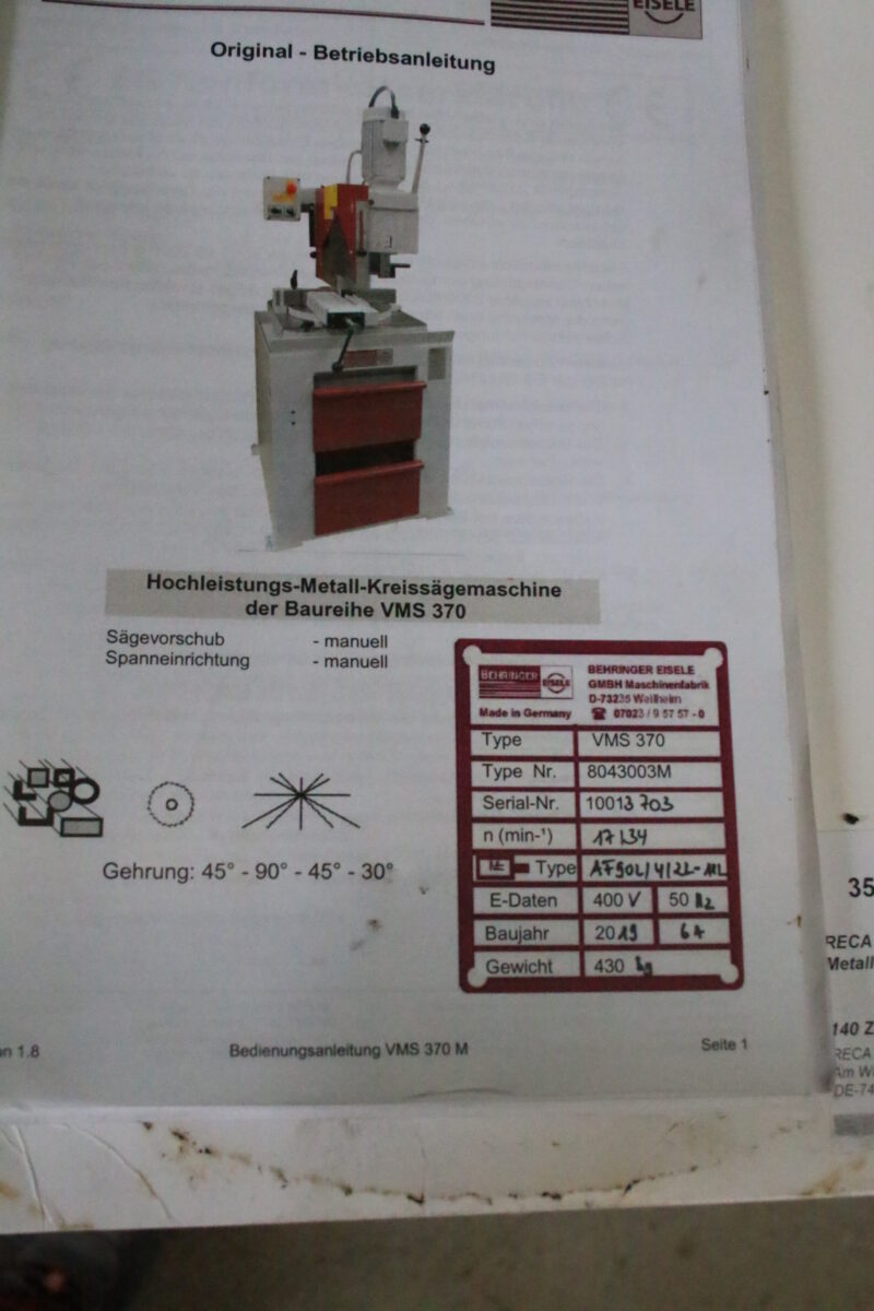 Behringer VMS 370 Vertikal-Metallkreissäge Kaltkreissäge Kreissägemaschine Säge – Bild 21